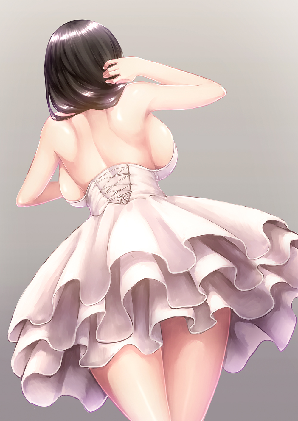 1girl back backboob bare_shoulders black_hair breasts dress from_behind from_below grey_background hair_over_shoulder highres large_breasts original shiny shiny_hair solo strapless strapless_dress white_dress yuuki1103