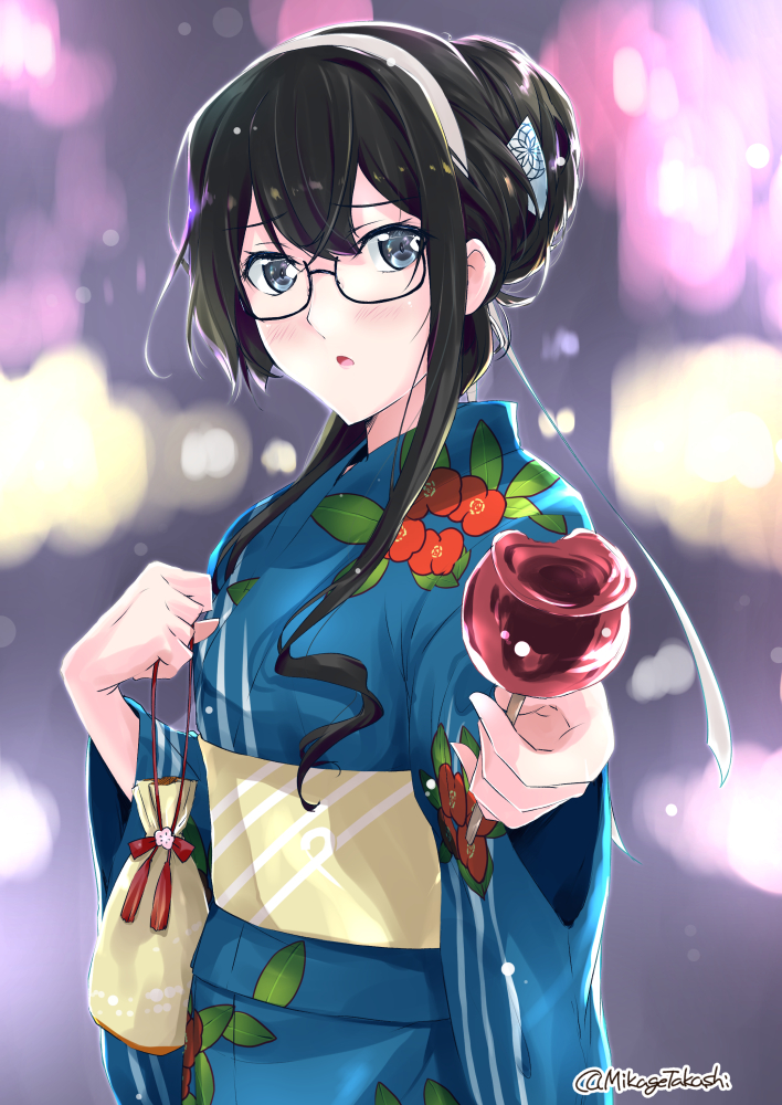 1girl alternate_costume alternate_hairstyle black_hair blue_eyes blue_kimono blush candy_apple commentary_request feeding floral_print food glasses hair_between_eyes hair_bun hairband japanese_clothes kantai_collection kimono kinchaku long_hair looking_at_viewer mikage_takashi obi ooyodo_(kantai_collection) open_mouth pouch sash semi-rimless_eyewear sidelocks solo twitter_username under-rim_eyewear white_hairband yukata