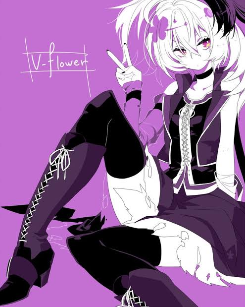 1girl arm_warmers ashino_uzu asymmetrical_sleeves black_nails boots character_name choker dress flower_(vocaloid) long_hair looking_at_viewer multicolored_hair purple_background purple_dress simple_background single_sleeve skirt solo streaked_hair thigh-highs torn_clothes torn_skirt v vest vocaloid