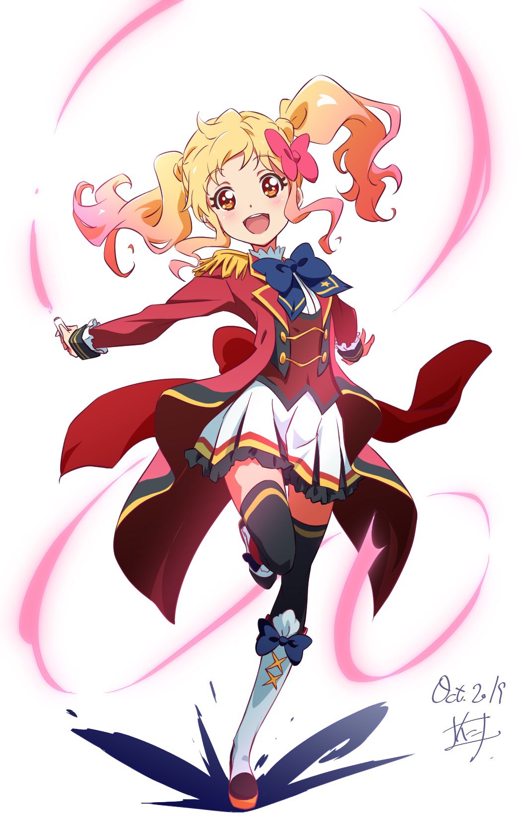 1girl :d aikatsu!_(series) aikatsu_stars! black_legwear blonde_hair boot_bow boots bow bowtie brown_eyes commentary dated epaulettes eyebrows_visible_through_hair floating_hair full_body gradient_hair hair_bow highres idol jacket leg_up multicolored_hair nii_manabu nijino_yume open_mouth pink_bow pink_hair pleated_skirt red_jacket round_teeth s4_uniform signature simple_background skirt smile solo starlight_academy_uniform teeth thigh-highs twintails upper_teeth white_background white_footwear white_skirt