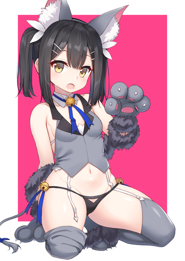 1girl animal_ear_fluff animal_ears bare_shoulders bell black_hair black_panties breasts cat_ears cat_girl collarbone detached_collar fang fate/kaleid_liner_prisma_illya fate_(series) garter_straps gloves grey_legwear grey_shirt groin hair_ornament hairclip hand_up heijialan jingle_bell long_hair looking_at_viewer miyu_edelfelt navel no_pants open_mouth panties paw_gloves paws shirt sidelocks sleeveless sleeveless_shirt small_breasts solo stomach tail thigh-highs twintails underwear wing_collar yellow_eyes