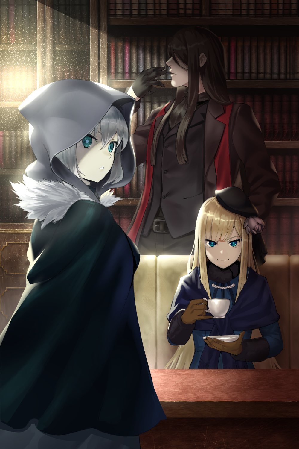 1boy 2girls bangs belt beppu_mitsunaka black_belt black_gloves black_headwear black_jacket blonde_hair blue_eyes blue_jacket book brown_gloves commentary_request cup fate/grand_order fate_(series) from_side fur_trim gloves gray_(lord_el-melloi_ii) grey_hair hair_between_eyes highres jacket long_hair long_sleeves looking_at_viewer lord_el-melloi_ii lord_el-melloi_ii_case_files multiple_girls reines_el-melloi_archisorte short_hair sitting smile waver_velvet