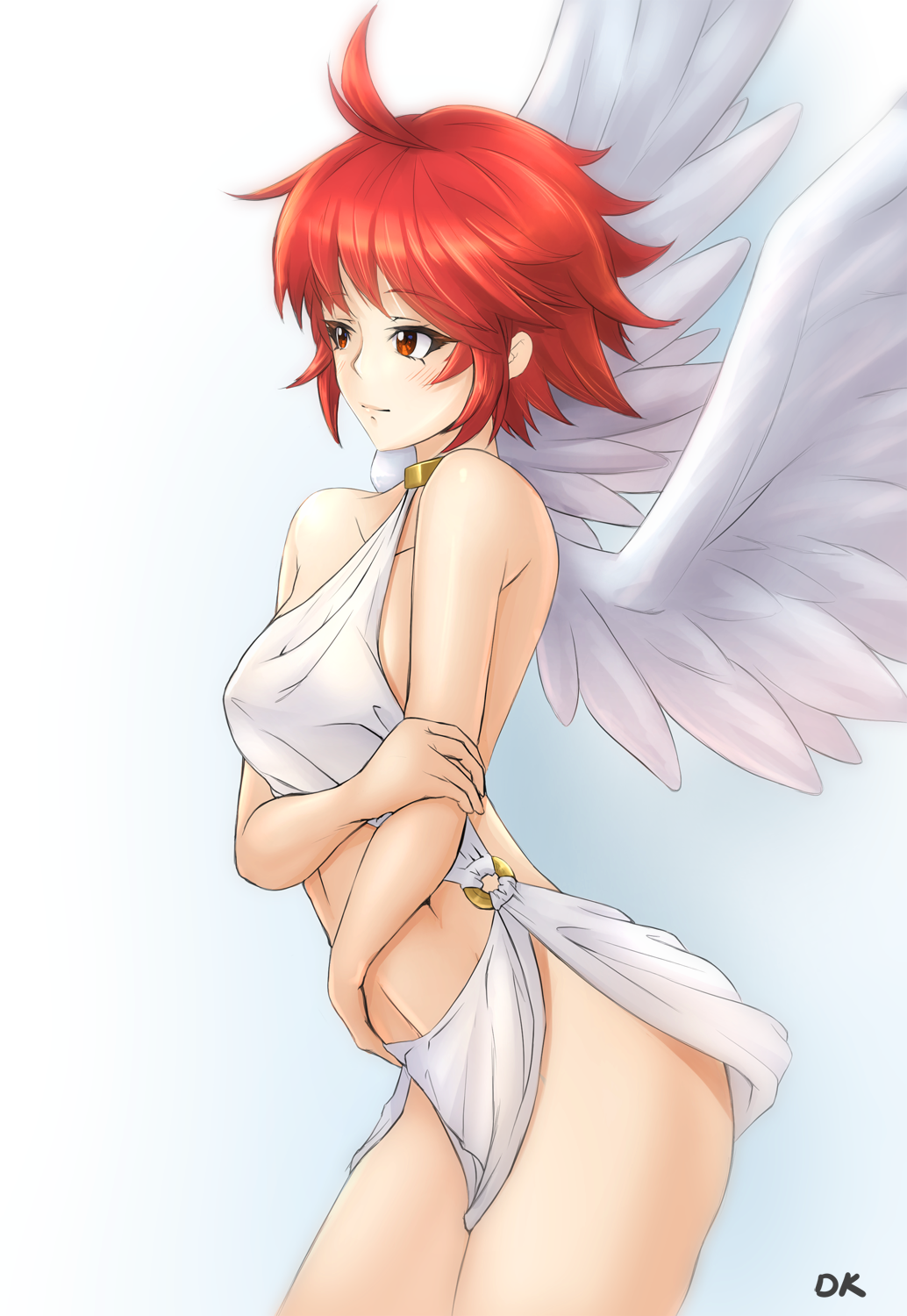 1girl ahoge angel_wings artist_name closed_mouth cowboy_shot deekei feathered_wings fire_emblem fire_emblem_fates fire_emblem_if groin highres hinoka_(fire_emblem) intelligent_systems midriff nintendo red_eyes redhead short_hair sleeveless solo standing stomach white_wings wings