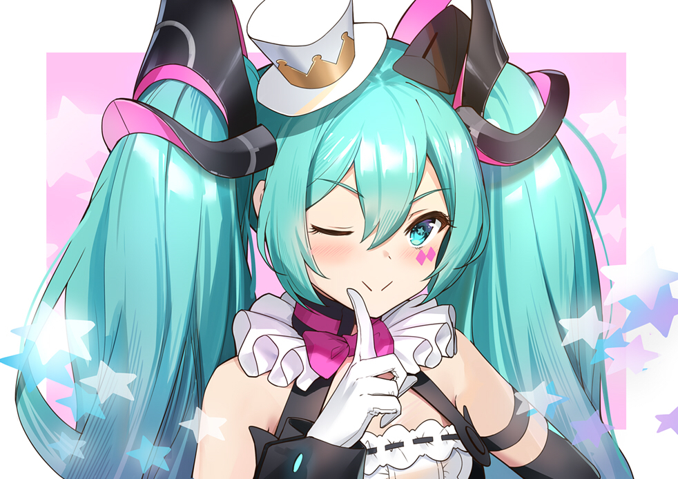 1girl :&gt; aqua_eyes aqua_hair bare_shoulders blush bow bowtie commentary diamond_(shape) facial_tattoo finger_to_mouth framed_breasts frilled_neckwear gloves hair_ornament hat hatsune_miku hokuotzu index_finger_raised long_hair looking_to_the_side magical_mirai_(vocaloid) mini_hat mini_top_hat neck_ruff one_eye_closed pink_neckwear solo star star_in_eye symbol_in_eye tattoo top_hat twintails upper_body very_long_hair vocaloid white_gloves white_headwear wrist_cuffs