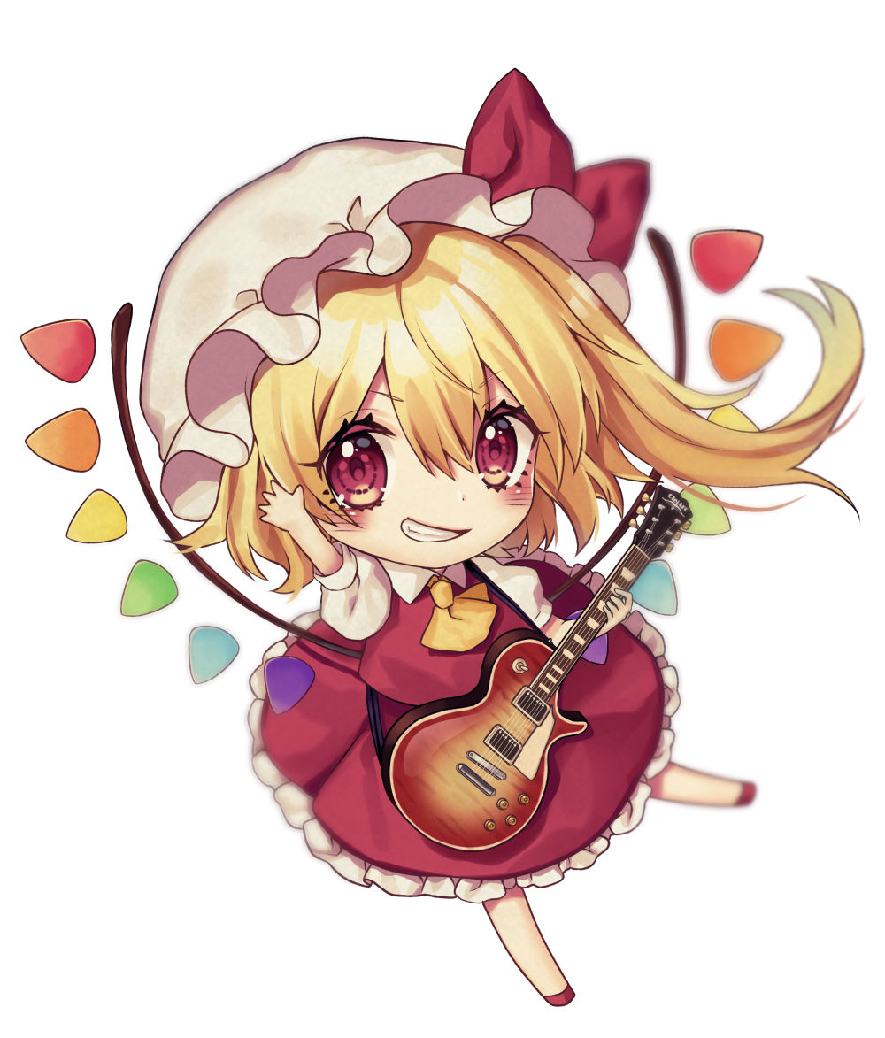 1girl arm_up ascot bangs blonde_hair blush bow chibi commentary_request eyebrows_visible_through_hair flandre_scarlet grin guitar hair_between_eyes hat hat_bow hexagram holding holding_instrument instrument kyouda_suzuka les_paul looking_at_viewer mob_cap one_side_up puffy_short_sleeves puffy_sleeves red_bow red_eyes red_footwear red_skirt red_vest shirt shoes short_sleeves simple_background skirt skirt_set smile solo sparkle star touhou v-shaped_eyebrows vest white_background white_headwear white_shirt wings yellow_neckwear