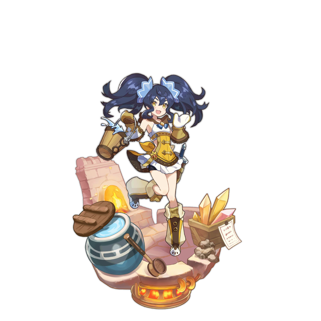 bike_shorts black_hair boots bucket dragalia_lost fang fire furnace gem gloves hair_ornament long_hair miniskirt non-web_source official_art open_hand open_mouth overflow renee_(dragalia_lost) ripples saitou_naoki skirt two_side_up water yellow_eyes