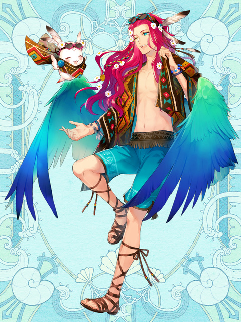 1boy blue_background blue_eyes blue_shorts blue_wings bracelet feathers flower full_body hair_feathers hair_ornament hand_up headband jacket jewelry kerberos_blade long_hair nakuro_berispellennis navel one_eye_closed redhead sandals shorts smile standing very_long_hair wings wristband