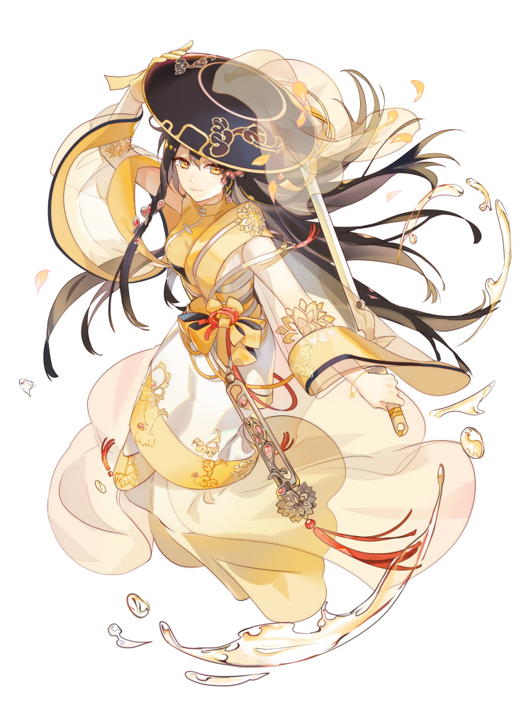 1girl arm_up bangs bare_shoulders black_hair black_headwear brown_eyes character_request china_dress chinese_clothes closed_mouth dress food_fantasy fre full_body gloves hair_between_eyes hand_on_headwear hat holding holding_sword holding_weapon long_hair long_sleeves official_art see-through see-through_sleeves simple_background single_glove sleeveless sleeveless_dress smile solo sword very_long_hair weapon white_background wide_sleeves yellow_dress yellow_gloves