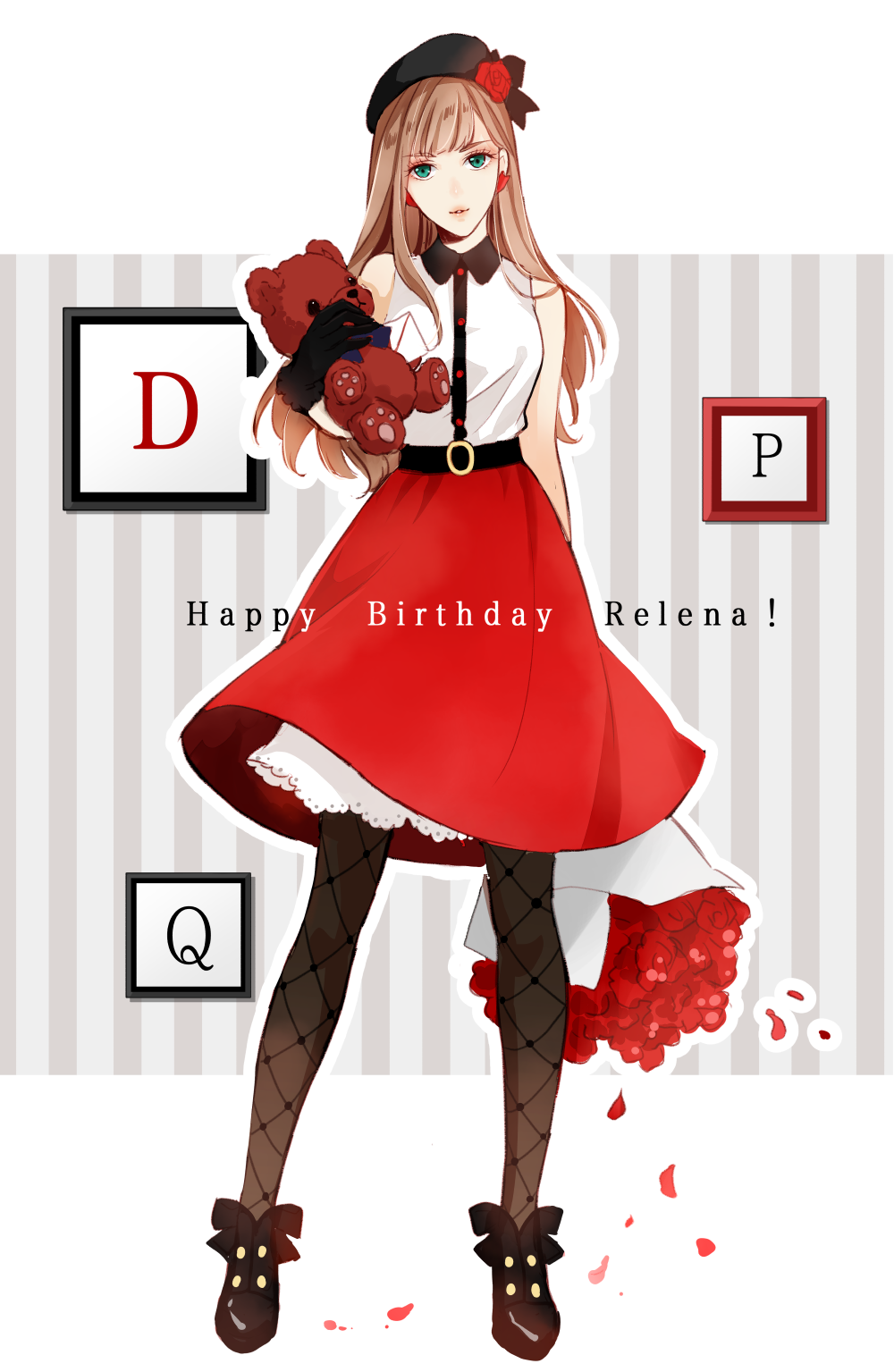 1girl alternate_costume belt black_footwear black_gloves black_legwear bouquet brown_hair character_name earrings english_text flower flower_hat gloves green_eyes gundam gundam_wing happy_birthday hat highres holding holding_stuffed_animal jewelry lips lipstick long_hair looking_at_viewer makeup pantyhose petals petticoat red_lipstick red_skirt rei_(usabiba) relena_peacecraft skirt solo stuffed_animal stuffed_toy teddy_bear