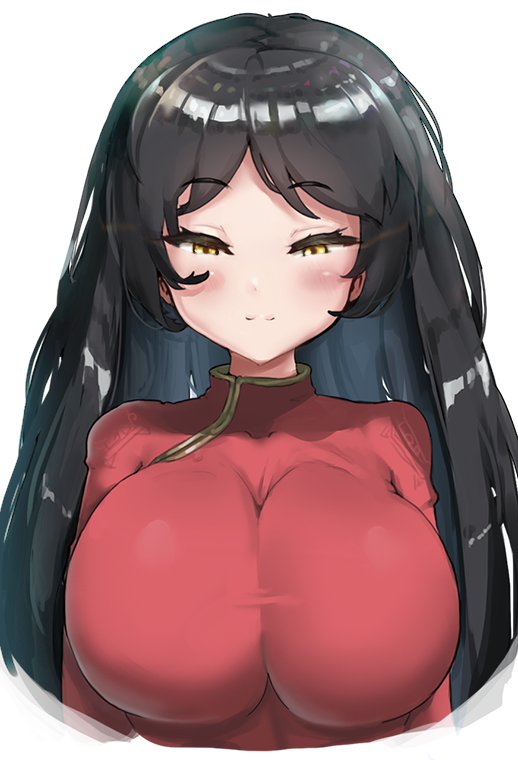 1girl black_hair blush breasts brown_eyes chinese_clothes commentary_request huge_breasts light_smile long_hair looking_at_viewer original raised_eyebrows simple_background solo upper_body white_background yuki_maru