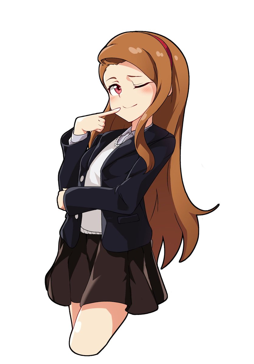 1girl ;) black_jacket brown_hair brown_skirt collared_shirt cowboy_shot cropped_legs dress_shirt finger_to_mouth hairband highres idolmaster idolmaster_(classic) index_finger_raised jacket long_hair long_sleeves looking_at_viewer minase_iori miniskirt one_eye_closed open_clothes open_jacket pleated_skirt red_eyes red_hairband shiny shiny_hair shirt simple_background skirt smile solo standing sweater very_long_hair white_background white_shirt white_sweater wing_collar yahankkwo