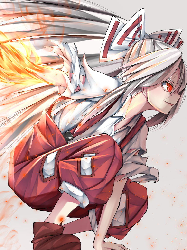 1girl arm_support bangs bow collared_shirt fall_dommmmmer fire fujiwara_no_mokou hair_bow long_hair ofuda pants red_eyes red_pants shirt shoes silver_hair smile squatting suspenders torn_clothes touhou very_long_hair white_shirt