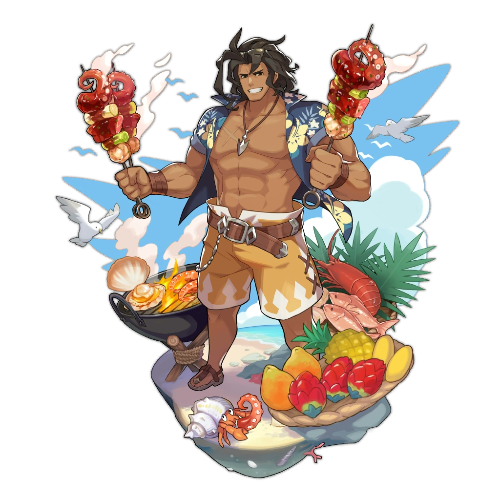 1boy belt brown_hair dragalia_lost fish flower food full_body grill hawaiian_shirt long_hair looking_at_viewer male_focus muscle non-web_source official_art open_clothes open_shirt parted_lips ranzal saitou_naoki shirt smile solo teeth