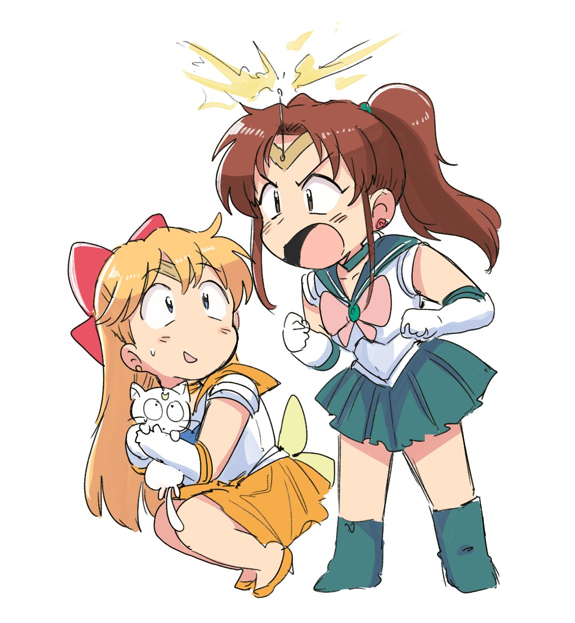 2girls aino_minako angry annoyed bishoujo_senshi_sailor_moon blonde_hair brown_hair chibi circlet full_body green_sailor_collar high_ponytail highres kino_makoto long_hair multiple_girls open_mouth orange_sailor_collar ponytail sailor_collar sailor_jupiter sailor_senshi_uniform sailor_venus surprised