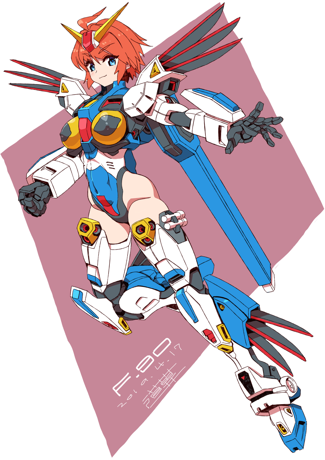 ahoge blue_eyes breasts commentary_request covered_navel eyebrows_visible_through_hair f90_gundam gundam gundam_f90 highleg highleg_leotard highres large_breasts leotard looking_at_viewer mecha_musume mechanical_hands mechanical_legs michi_kuso orange_hair short_hair simple_background skindentation thigh-highs thrusters