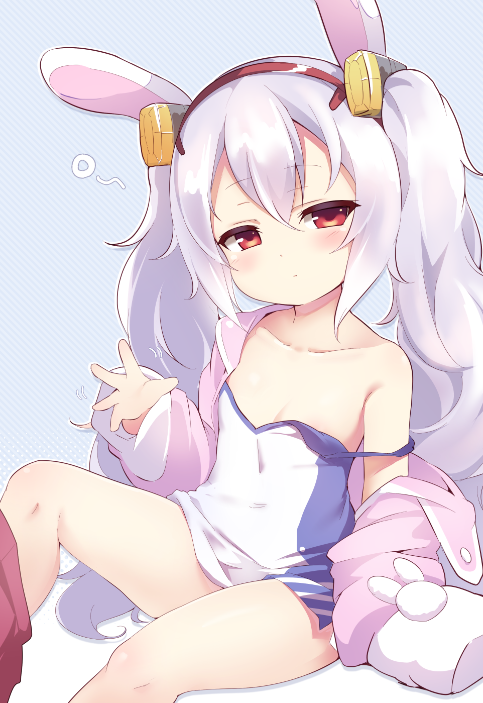 1girl animal_ears azur_lane baku-p bangs blush breasts camisole closed_mouth collarbone commentary_request diagonal-striped_background diagonal_stripes eyebrows_visible_through_hair hair_between_eyes hair_ornament hairband highres jacket knee_up laffey_(azur_lane) long_hair long_sleeves looking_at_viewer off_shoulder open_clothes open_jacket pink_jacket rabbit_ears red_eyes red_hairband red_skirt sidelocks silver_hair sitting skirt skirt_around_one_leg sleeves_past_fingers sleeves_past_wrists small_breasts solo strap_slip striped striped_background twintails very_long_hair white_camisole