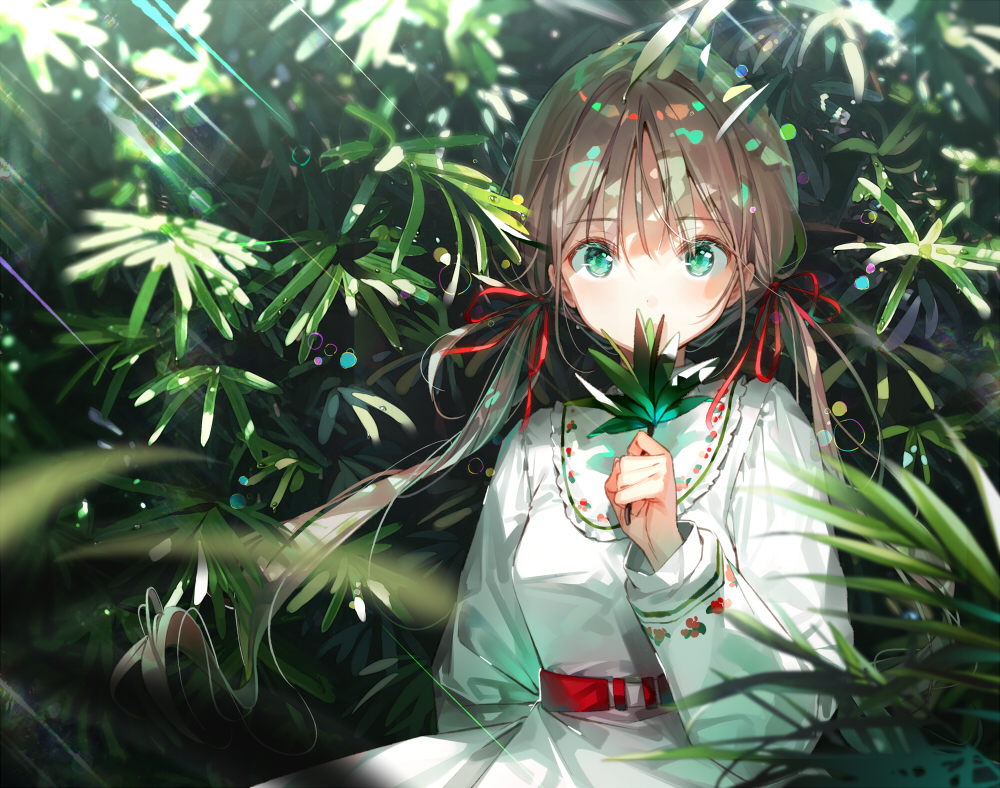 1girl bangs blurry breasts brown_hair covered_mouth dappled_sunlight day depth_of_field dress dsmile green_eyes holding holding_leaf leaf light_rays long_hair long_sleeves looking_at_viewer low_twintails nature original sash smelling solo sunlight twintails upper_body white_dress