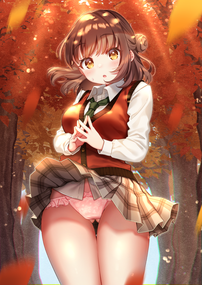 1girl ass_visible_through_thighs autumn breasts brown_eyes brown_hair buttons cardigan_vest collared_shirt commentary_request cowboy_shot day green_neckwear grey_skirt hair_bun leaf long_sleeves looking_at_viewer medium_breasts medium_hair miniskirt motion_blur moyui_(myi_005) necktie original outdoors own_hands_together panties parted_lips pink_panties plaid plaid_skirt pleated_skirt school_uniform shirt sidelocks skirt solo standing steepled_fingers sunlight sweat thigh_gap thighs tree undershirt underwear white_shirt wind wind_lift