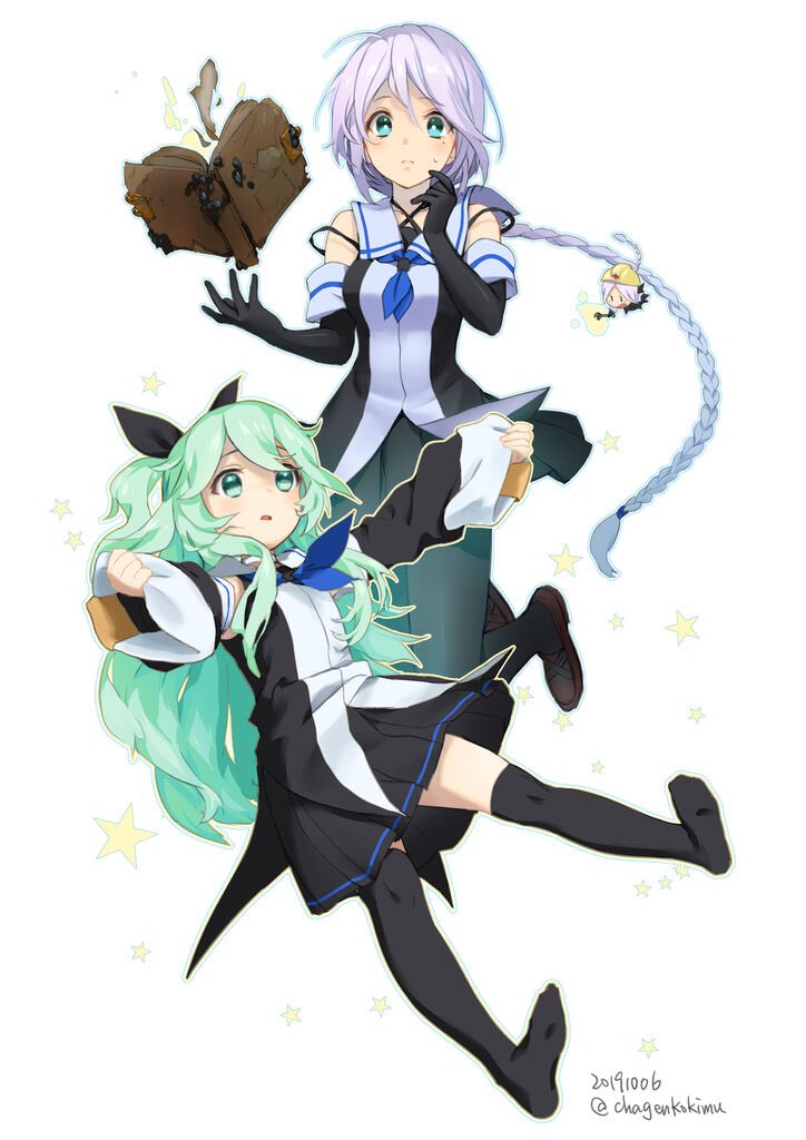 3girls bangs black_gloves black_legwear black_ribbon black_serafuku black_skirt blue_eyes blue_neckwear book braid chagen_kokimu collared_shirt dated detached_sleeves elbow_gloves fairy_(kantai_collection) full_body gloves green_eyes green_hair hair_between_eyes hair_ornament hair_ribbon hair_tie hairclip kantai_collection long_hair mole mole_under_eye multiple_girls neckerchief pantyhose parted_bangs pleated_skirt ponytail ribbon school_uniform serafuku shirt sidelocks silver_hair simple_background single_braid skirt sleeveless sleeveless_shirt thigh-highs twitter_username umikaze_(kantai_collection) very_long_hair white_background yamakaze_(kantai_collection)