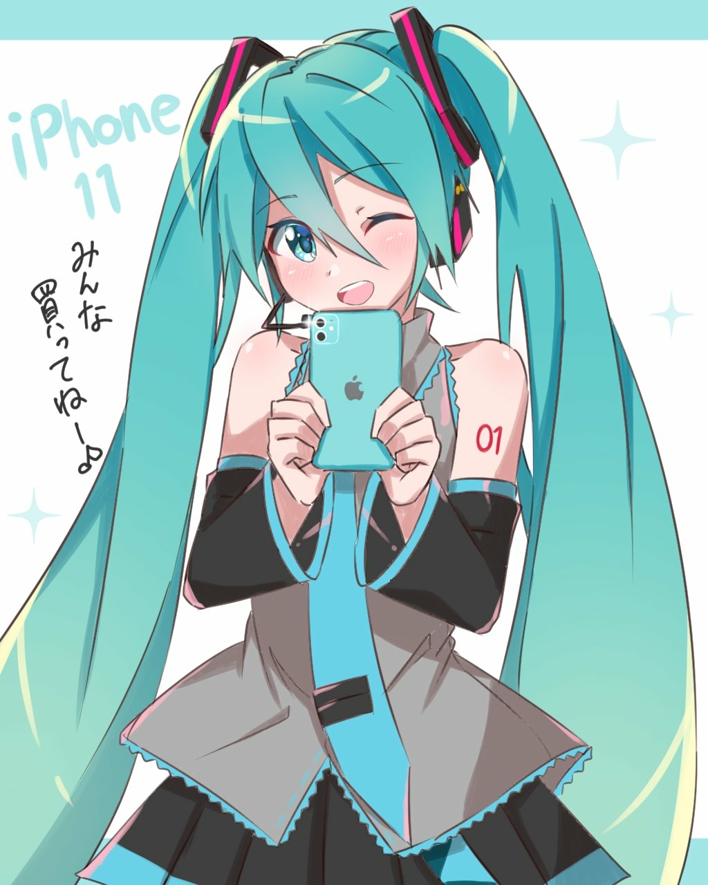 1girl ;d apple aqua_eyes aqua_hair bare_shoulders black_skirt black_sleeves blue_neckwear blush commentary detached_sleeves food fruit grey_shirt hair_ornament hatsune_miku headphones headset highres holding holding_phone iphone_xi long_hair looking_at_viewer necktie one_eye_closed open_mouth phone product_placement shirt shoulder_tattoo skirt sleeveless sleeveless_shirt smile solo sparkle supo01 tattoo translated twintails upper_body very_long_hair vocaloid