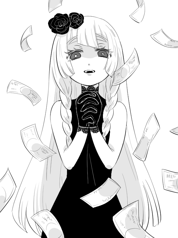 1girl alternate_costume amagaeru_(amapippi052525) bangs bare_shoulders braid dress flower gloves greyscale hair_flower hair_ornament hands_together hands_up happy interlocked_fingers lace lillie_(pokemon) long_hair looking_at_viewer money monochrome open_mouth pokemon pokemon_(game) pokemon_sm rose simple_background sleeveless sleeveless_dress smile solo standing teeth tied_hair twin_braids white_background