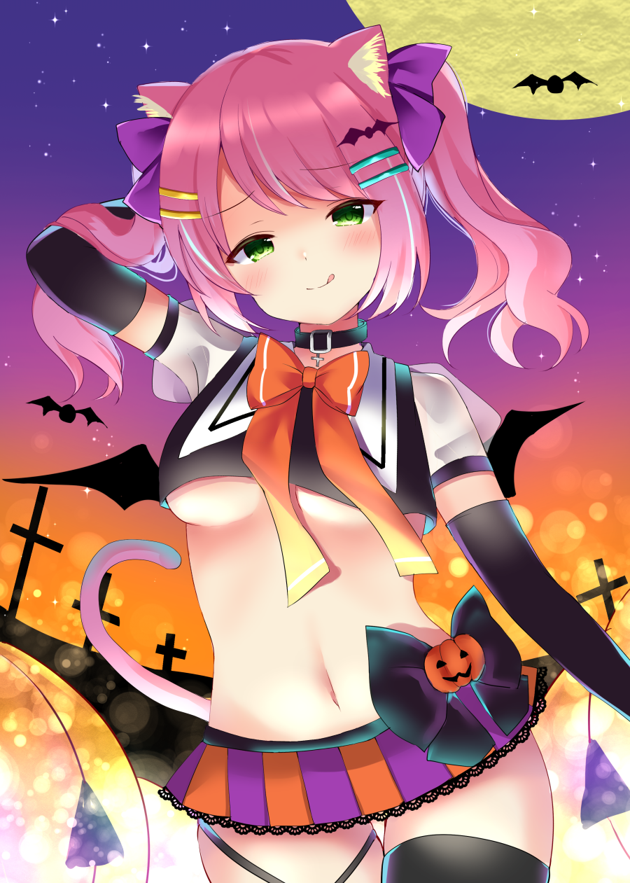 1girl :q animal_ear_fluff animal_ears arm_up arm_warmers bat_hair_ornament bat_wings black_legwear black_shirt bow bowtie breasts cat_ears cat_tail choker commentary_request crop_top full_moon gradient_sky green_eyes hair_ornament hairclip halloween hamikoron highres long_hair looking_at_viewer medium_breasts midriff miniskirt moon navel original pink_hair shirt skirt sky smile solo star_(sky) starry_sky tail thigh-highs tongue tongue_out twintails under_boob wings zettai_ryouiki