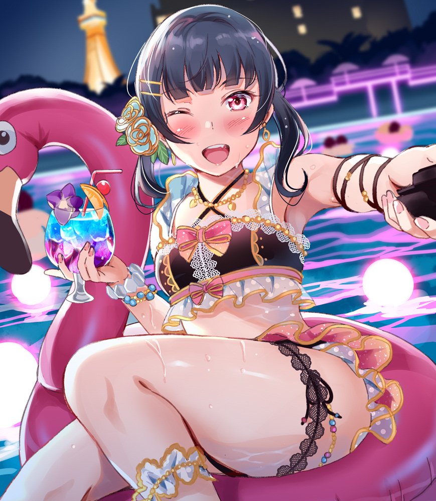 1girl ;d alternate_hairstyle bangs bare_shoulders bikini black_swimsuit blue_hair blush cup drink drinking_glass earrings eyebrows_visible_through_hair flower hair_flower hair_ornament hairclip holding holding_cup ice ice_cube jewelry lips looking_at_viewer love_live! love_live!_sunshine!! nail necklace night night_sky one_eye_closed open_mouth outdoors pool red_eyes self_shot sky smile solo stomach swimsuit teeth tipii tropical_drink tsushima_yoshiko water wet