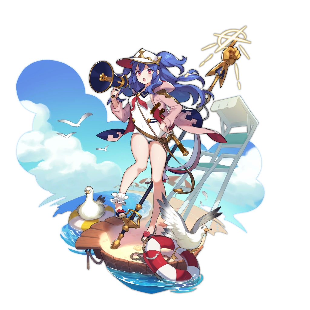 1girl bird blue_hair dragalia_lost estelle_(dragalia_lost) fang full_body hat holding jacket long_hair looking_at_viewer megaphone non-web_source official_art open_mouth ripples saitou_naoki sand shiny solo staff swimsuit violet_eyes water