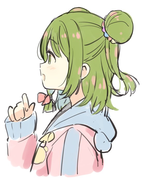 1girl :d animal_ears bangs bear_ears bear_hood blush bow cropped_torso double_bun eyebrows_visible_through_hair fake_animal_ears green_eyes green_hair hair_between_eyes hair_bow hand_up hood hood_down hooded_jacket jacket long_sleeves looking_away meito_(maze) morinaka_kazaki nijisanji open_mouth pink_jacket profile red_bow simple_background sleeves_past_wrists smile solo upper_body virtual_youtuber white_background