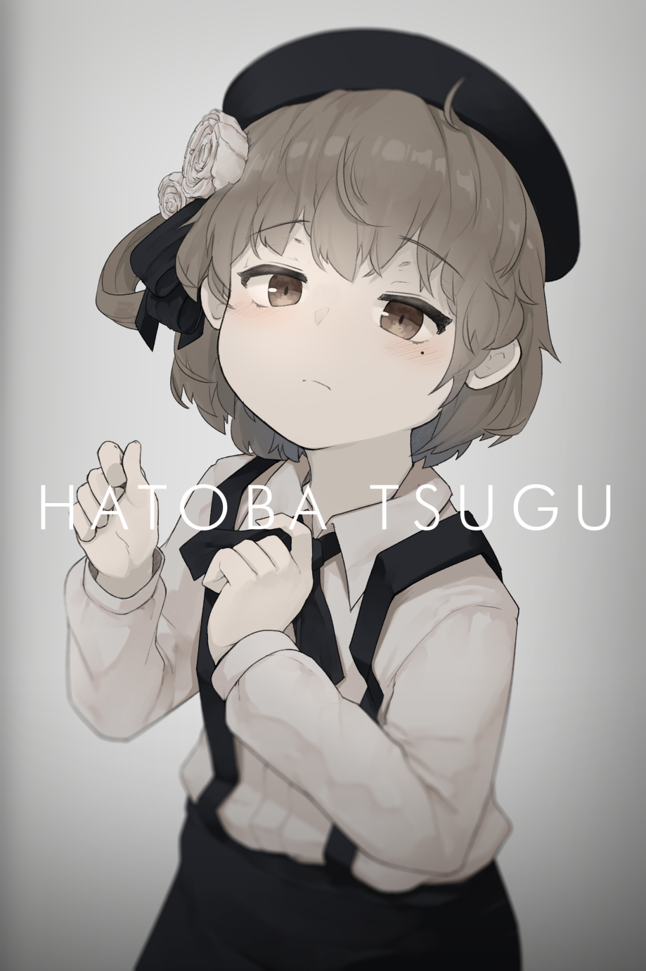 1girl beret black_headwear black_ribbon blush brown_eyes brown_hair clenched_hands collared_shirt commentary_request dress_shirt eyebrows_visible_through_hair flower frown grey_background hat hatoba_tsugu hatoba_tsugu_(character) highres looking_at_viewer mole mole_under_eye ribbon rose shirt short_hair simple_background sinensian skirt solo suspender_skirt suspenders upper_body virtual_youtuber white_flower white_rose white_shirt