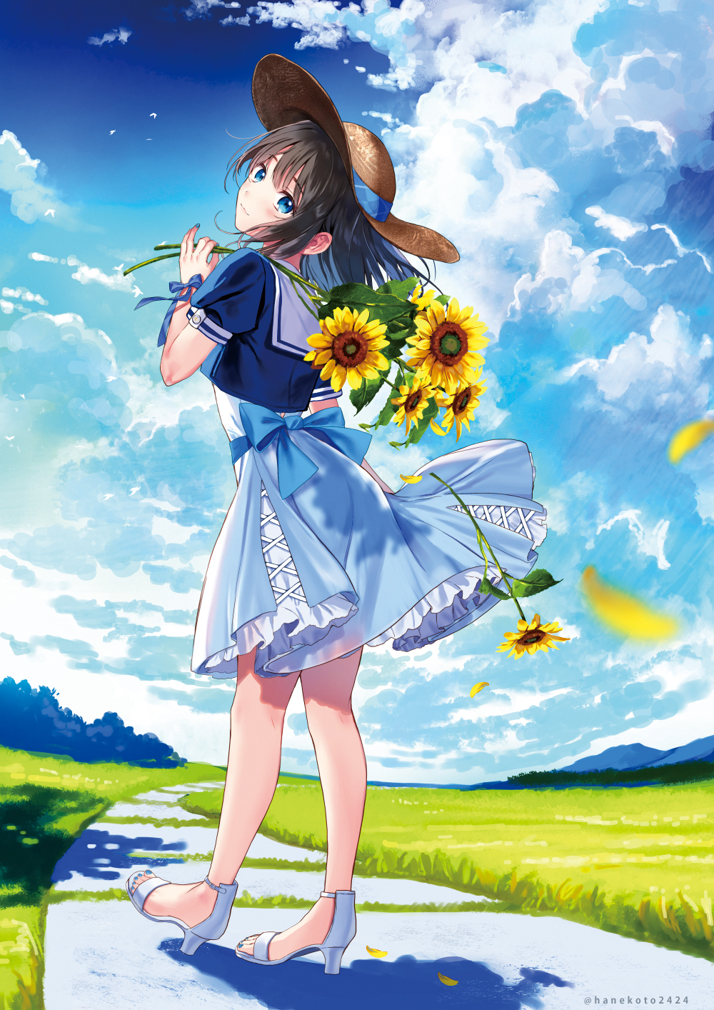 1girl bangs black_hair blue_bow blue_dress blue_eyes blue_shirt blue_sky bow brown_headwear closed_mouth clouds cloudy_sky commentary commentary_request day dress eyebrows_visible_through_hair flower from_behind full_body grass hanekoto hat head_tilt high_heels highres holding holding_flower long_hair looking_at_viewer looking_back nail_polish original outdoors petals pleated_dress sailor_collar sailor_dress shirt short_sleeves sky smile solo standing straw_hat sun_hat sunflower twitter_username white_footwear white_sailor_collar yellow_flower