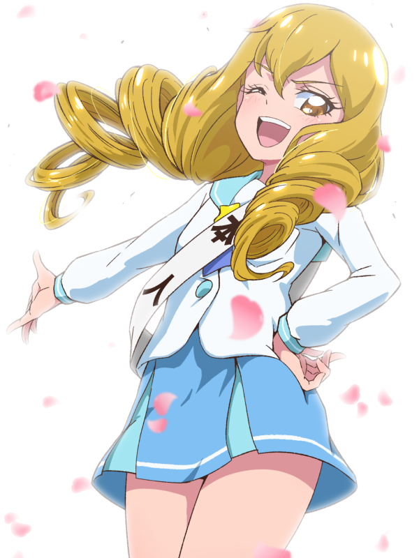 1girl ;d blonde_hair blue_skirt brown_eyes commentary_request drill_hair hand_on_hip himenojou_sakurako long_hair long_sleeves looking_at_viewer looking_to_the_side one_eye_closed open_mouth precure school_uniform skirt smile solo star_twinkle_precure tj-type1 twin_drills