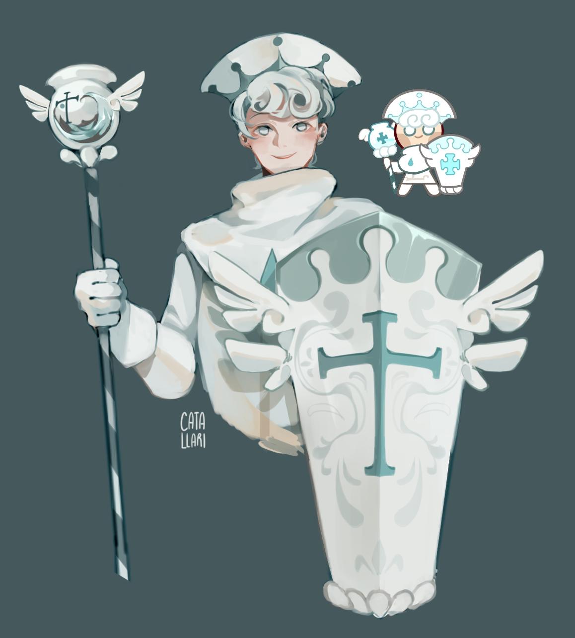 1boy artist_name catallarii cookie_run gloves grey_background hat highres holding holding_shield holding_staff holding_weapon looking_at_viewer milk_cookie multiple_persona personification shield short_hair smile solo staff weapon white_eyes white_gloves white_hair white_headwear
