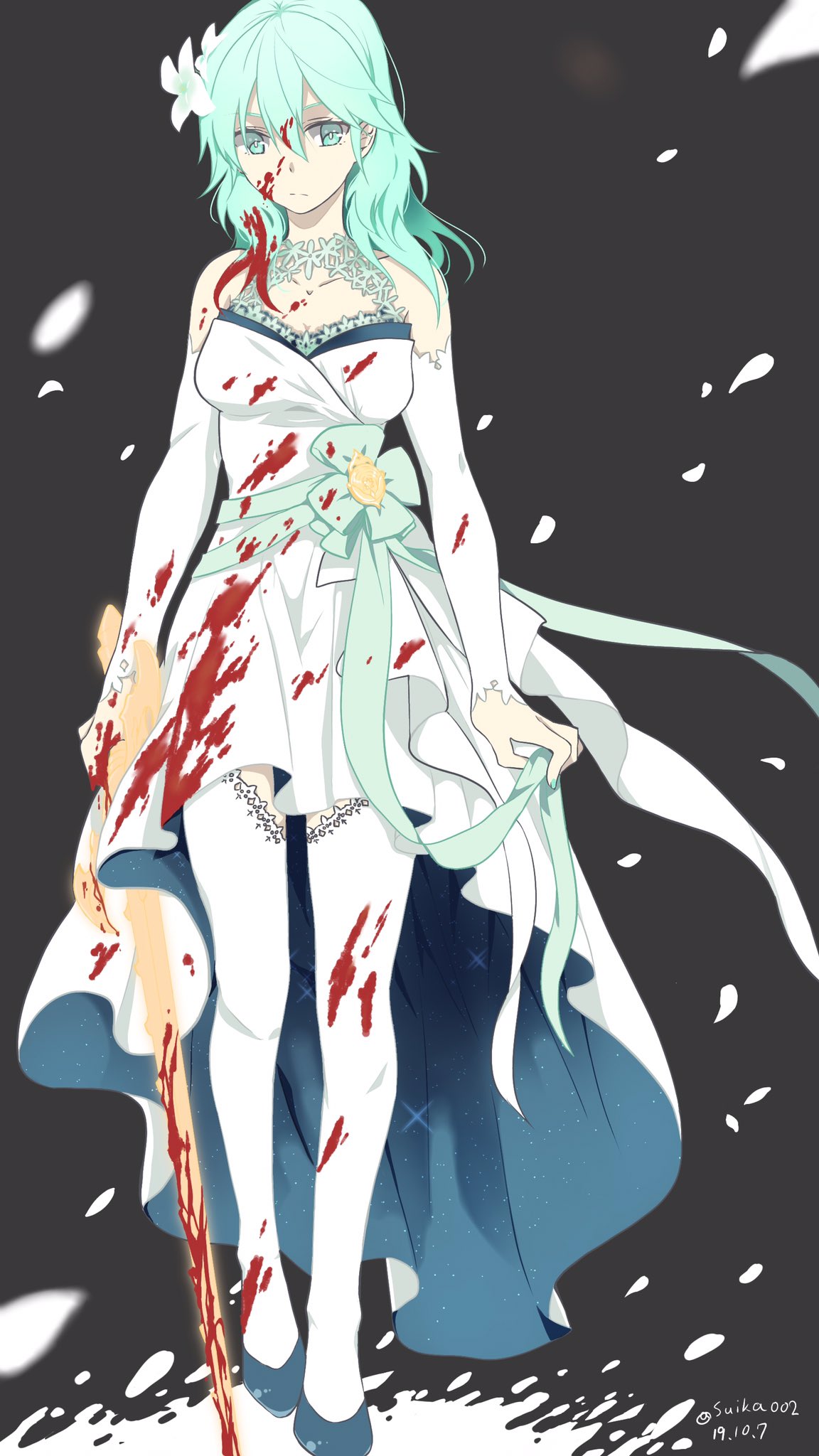 1girl alternate_costume blood blood_on_face blood_splatter bloody_clothes bloody_weapon byleth_(fire_emblem) byleth_eisner_(female) detached_sleeves dress fire_emblem fire_emblem:_three_houses flower green_eyes green_hair green_nails hair_flower hair_ornament highres ijiro_suika petals strapless strapless_dress sword thigh-highs weapon
