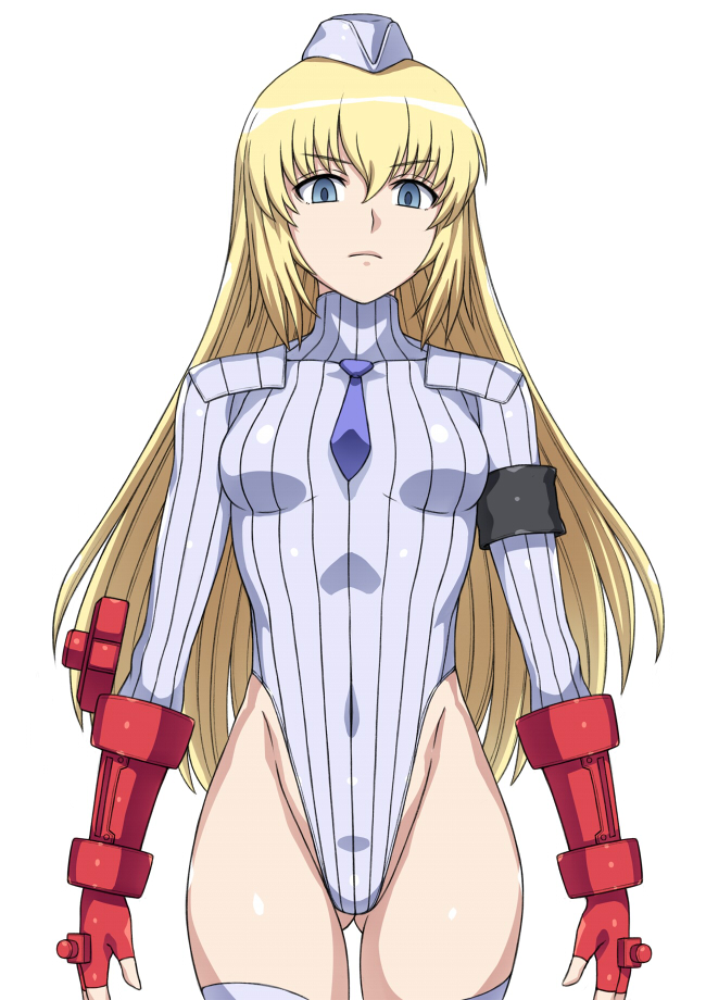 1girl ass_visible_through_thighs blonde_hair blue_eyes blue_neckwear braid breasts cammy_white cammy_white_(cosplay) collet_brunel commentary_request corruption cosplay cowboy_shot dark_persona empty_eyes eyebrows_visible_through_hair fingerless_gloves garrison_cap gloves hai_(h81908190) hat highleg leotard long_hair looking_at_viewer necktie red_gloves ribbed_leotard shadaloo_dolls small_breasts solo standing street_fighter street_fighter_zero_(series) tales_of_(series) tales_of_symphonia thigh-highs twin_braids white_headwear white_leotard