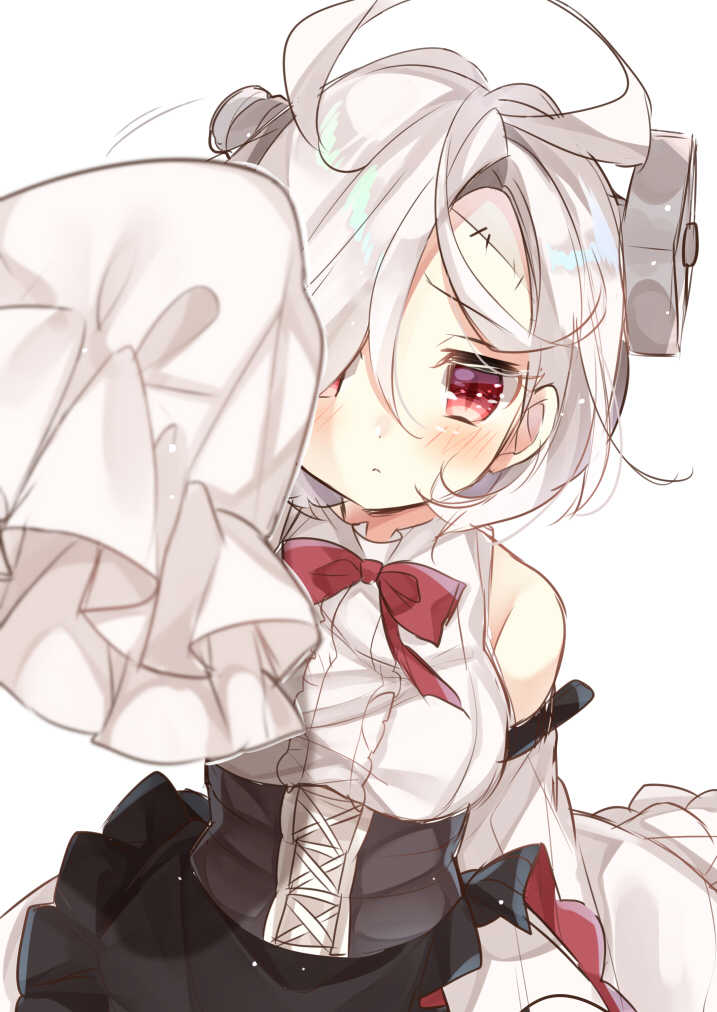 1girl antenna_hair arm_belt azur_lane bangs bare_shoulders belt black_belt black_skirt blurry_foreground blush bolt bow bowtie breasts buttons center_frills closed_mouth commentary_request detached_sleeves foreshortening frilled_skirt frilled_sleeves frills gau_(n00_shi) hair_over_one_eye large_breasts long_sleeves looking_at_viewer miniskirt outstretched_arm reaching_out red_eyes red_neckwear screw screw_in_head shirt short_hair simple_background skirt sleeveless sleeveless_shirt sleeves_past_fingers sleeves_past_wrists solo stitches terror_(azur_lane) upper_body white_background white_hair white_shirt wide_sleeves