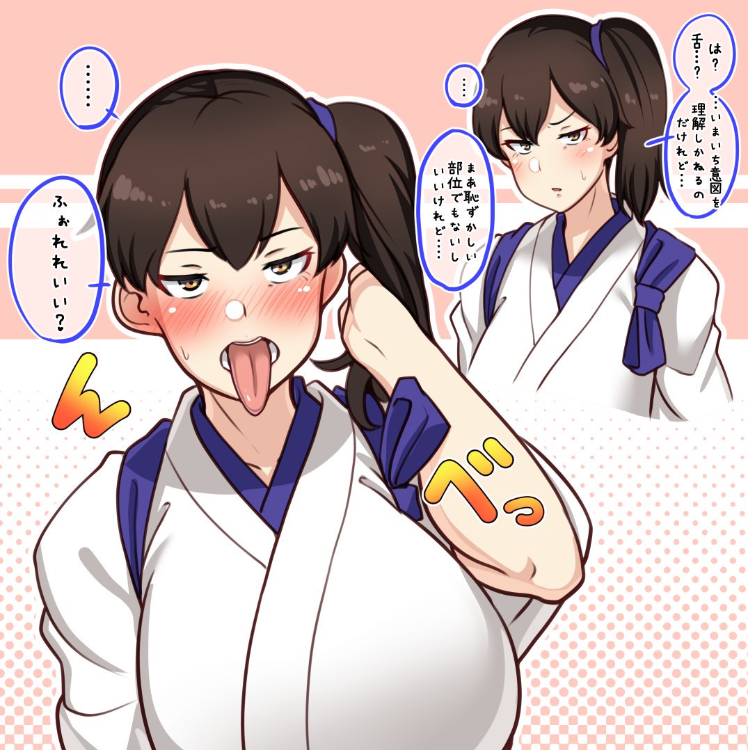 1girl blush breasts brown_eyes brown_hair collarbone commentary_request huge_breasts japanese_clothes kaga_(kantai_collection) kantai_collection medium_hair ryuun_(stiil) short_sidetail side_ponytail speech_bubble tasuki tongue tongue_out translation_request upper_body