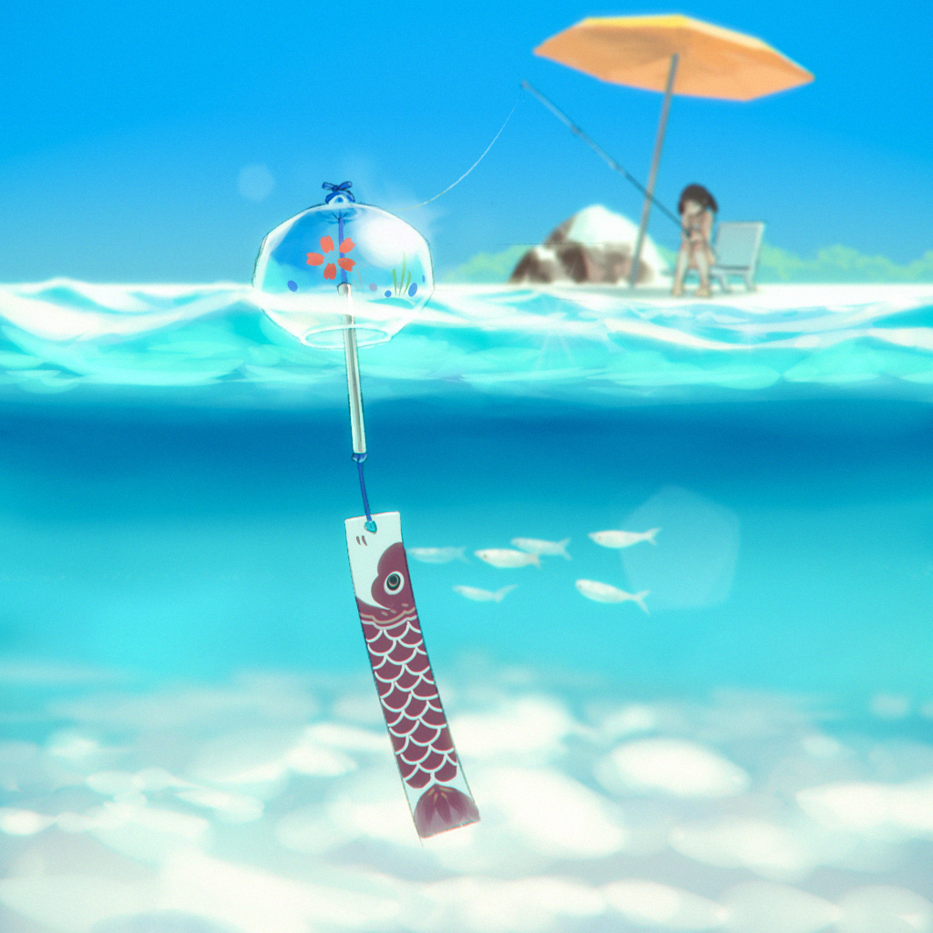 0x3 1girl blue_sky blurry brown_hair chair commentary day depth_of_field fish fishing fishing_line fishing_rod holding lens_flare lounge_chair original outdoors parasol partially_underwater_shot rock sitting sky twintails umbrella waves wind_chime