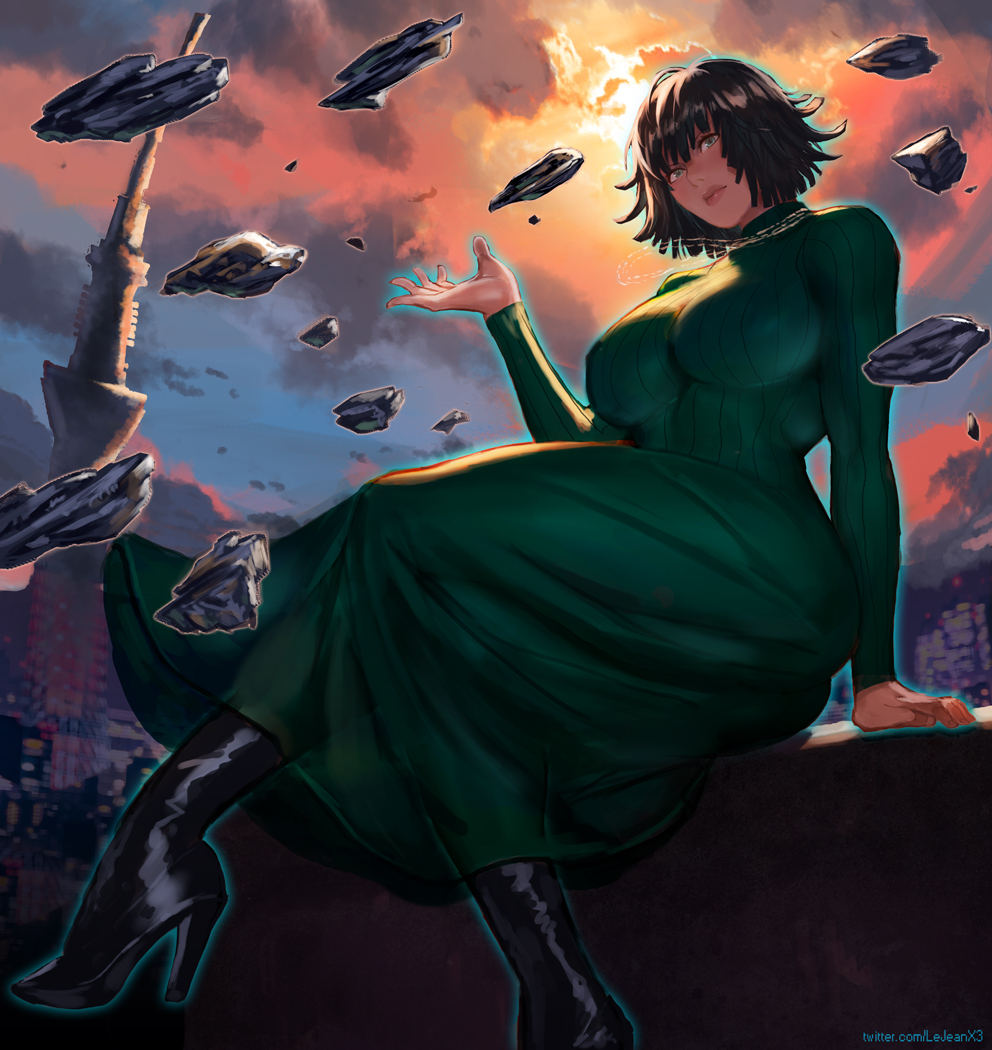 1girl black_hair breasts closed_mouth dress fubuki_(one-punch_man) green_eyes jewelry large_breasts looking_at_viewer necklace one-punch_man rejean_dubois short_hair solo