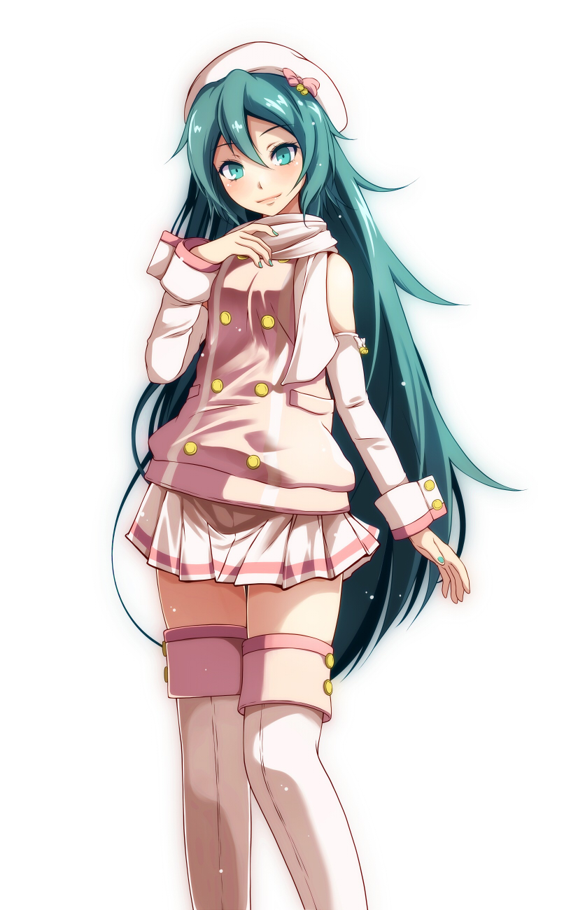 1girl aqua_hair blue_nails boots bow closed_mouth detached_sleeves green_eyes hair_between_eyes hair_bow hat hatsune_miku highres long_hair long_sleeves looking_at_viewer miniskirt nail_polish pink_bow pleated_skirt project_diva_(series) shiny shiny_hair simple_background skirt smile solo standing thigh-highs thigh_boots tsukishiro_saika very_long_hair vest vocaloid white_background white_footwear white_headwear white_skirt white_sleeves white_vest zettai_ryouiki