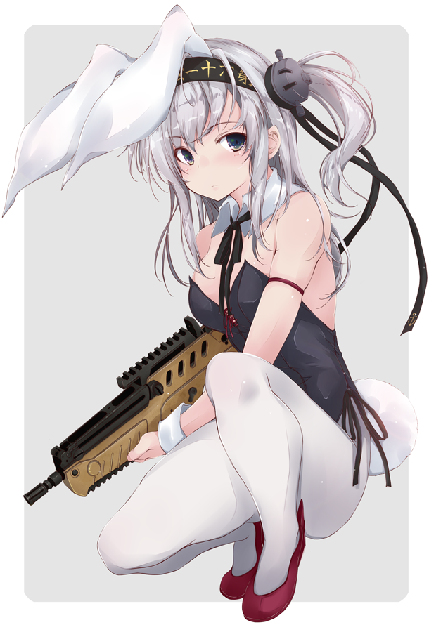 1girl anchor anchor_symbol animal_ears bangs black_headband black_neckwear blush breasts bunny_girl bunny_tail bunnysuit closed_mouth clothes_writing eyebrows_visible_through_hair fake_animal_ears flats full_body grey_background gun hachimaki hair_ornament headband holding holding_gun holding_weapon kantai_collection leotard long_hair one_side_up pantyhose rabbit_ears red_neckwear ribbon silver_hair simple_background solo suzutsuki_(kantai_collection) tail weapon weapon_request white_legwear wrist_cuffs yumesato_makura