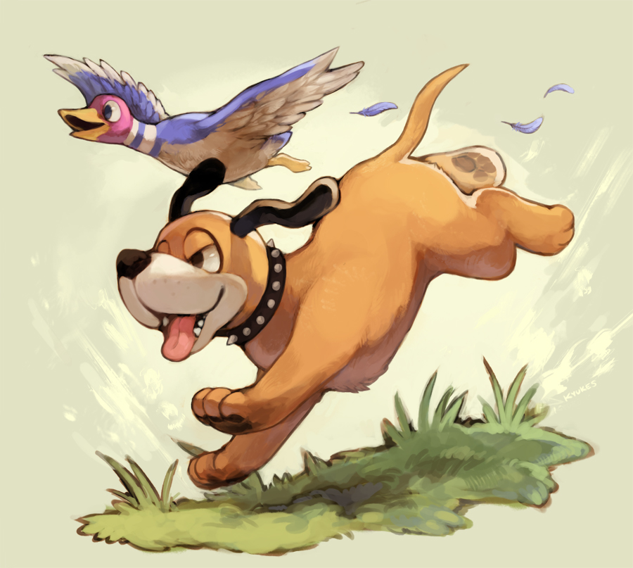 2others aika_tsuji animal bird black_eyes collar dog dog_(duck_hunt) duck duck_(duck_hunt) duck_hunt feathers grass lower_teeth male mammal nintendo nintendo_ead no_humans open_mouth outdoors running simple_background spiked_collar spikes super_smash_bros. super_smash_bros._ultimate super_smash_bros_brawl super_smash_bros_for_wii_u_and_3ds tongue tongue_out