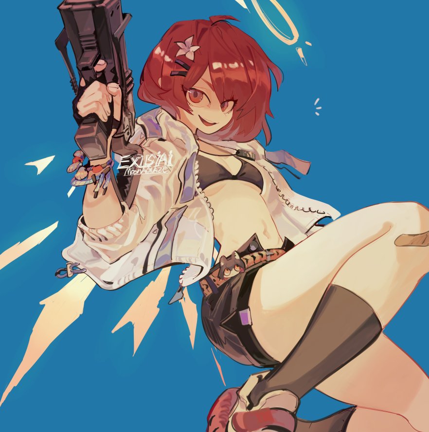 1girl arknights artist_name bangs belt black_bra black_legwear blue_background bra breasts character_name exusiai_(arknights) eyes_visible_through_hair flower gun hair_between_eyes hair_flower hair_ornament holding holding_gun holding_weapon jacket jewelry legs long_sleeves looking_at_viewer medium_hair moonagvaze necklace open_mouth red_eyes redhead shoes shorts simple_background small_breasts smile sneakers socks solo teeth trigger_discipline underwear weapon white_jacket wristband