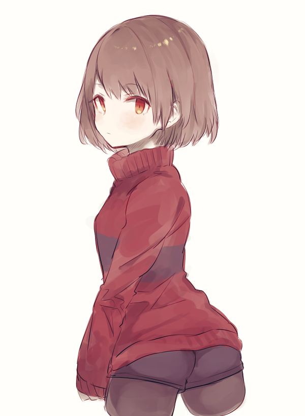 1girl androgynous ass blush breasts brown_hair chara_(undertale) closed_mouth commentary_request heart jewelry long_sleeves looking_at_viewer necklace oshiruko_(tsume) pantyhose red_eyes shirt short_hair shorts simple_background smile solo striped striped_shirt striped_sweater sweater undertale white_background