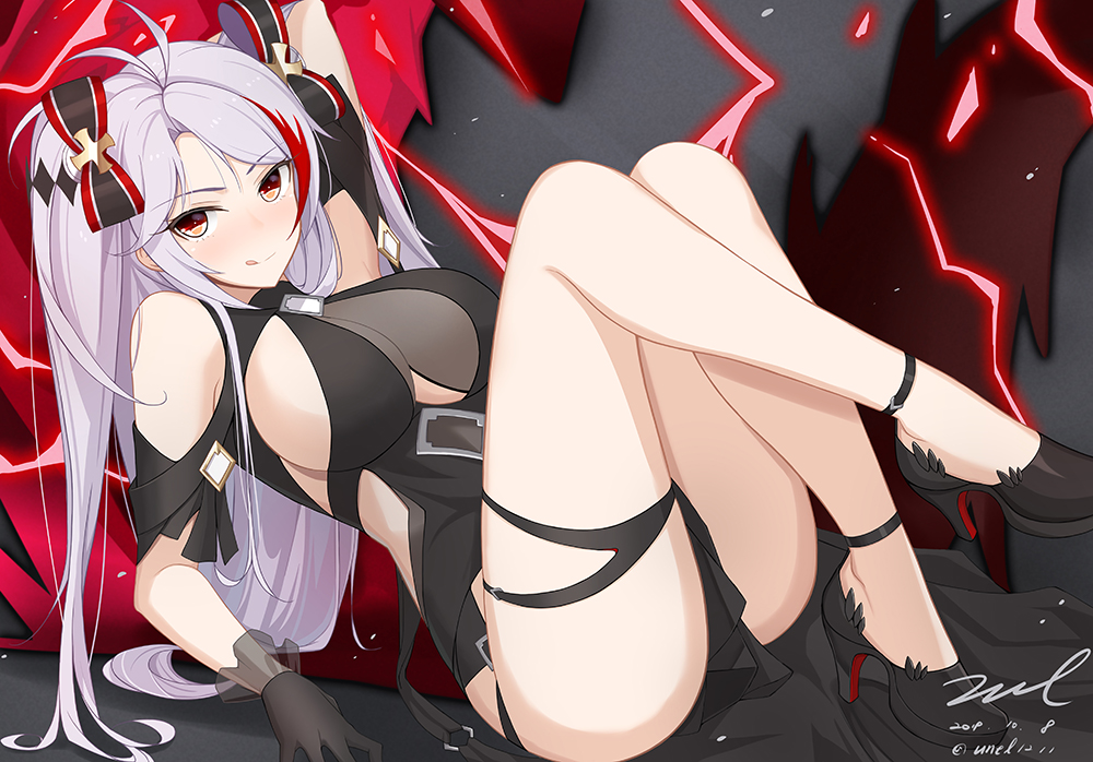 1girl :q antenna_hair arm_up ass azur_lane bare_legs black_bow black_dress black_footwear black_gloves bow breasts closed_mouth cross dated dress gloves hair_bow high_heels knees_up large_breasts lightning long_hair looking_at_viewer multicolored_hair no_mole prinz_eugen_(azur_lane) prinz_eugen_(cordial_cornflower)_(azur_lane) reclining red_eyes redhead sidelocks signature smile solo streaked_hair tongue tongue_out twitter_username unel white_hair