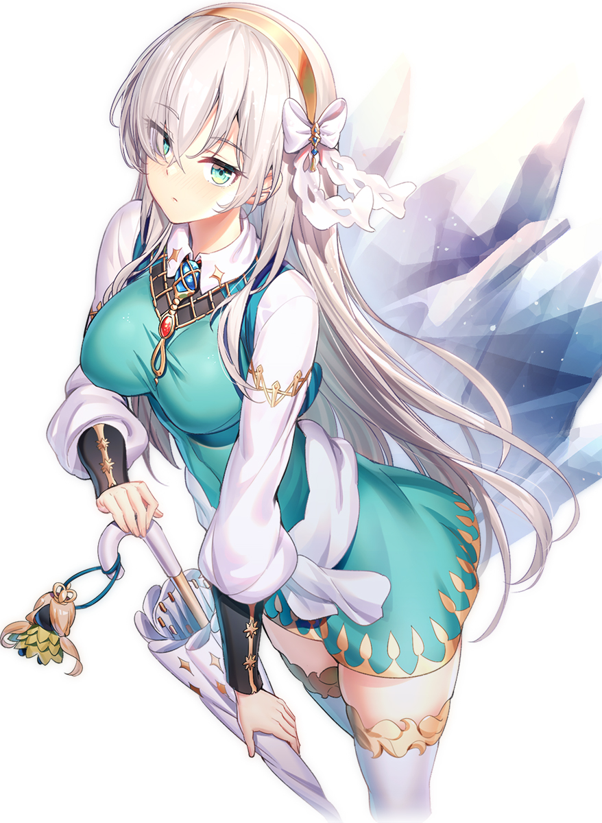 1girl anastasia_(fate/grand_order) bangs blue_dress blush bow breasts brown_hair brown_hairband closed_mouth closed_umbrella collared_shirt commentary_request crystal dress eyebrows_visible_through_hair fate/grand_order fate_(series) fingernails green_eyes grey_hair hair_over_one_eye hairband highres holding holding_umbrella long_hair long_sleeves looking_at_viewer medium_breasts ririko_(zhuoyandesailaer) shirt simple_background sleeveless sleeveless_dress solo thigh-highs umbrella very_long_hair white_background white_bow white_legwear white_umbrella