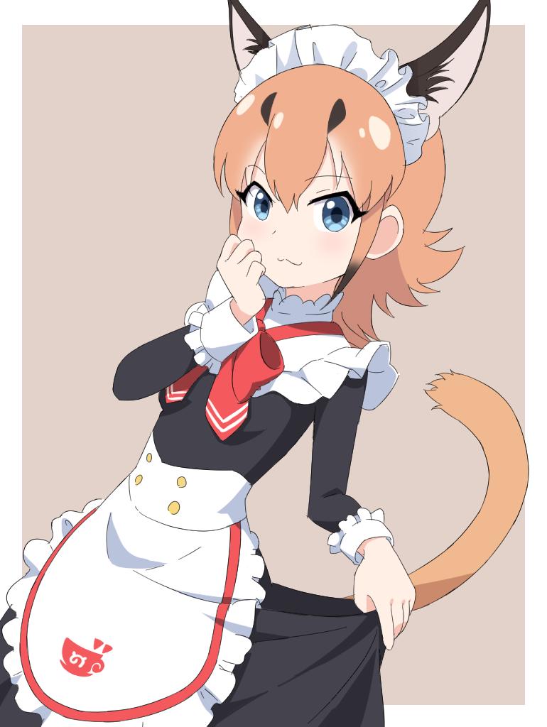 :3 alternate_costume animal_ear_fluff apron black_dress black_hair blue_eyes bow bowtie caracal_(kemono_friends) caracal_ears caracal_girl caracal_tail commentary_request cowboy_shot dress dress_lift enmaided extra_ears eyebrows_visible_through_hair hand_on_own_face ilyfon133 kemono_friends kemono_friends_3 long_hair long_sleeves maid maid_apron maid_dress maid_headdress multicolored_hair orange_hair red_neckwear sidelocks sleeve_cuffs tail