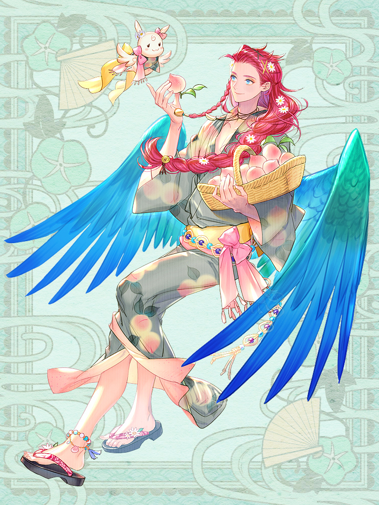 1boy androgynous basket blue_background blue_eyes blue_wings bow braid commission feathered_wings flower food fruit full_body hair_flower hair_ornament infospikee japanese_clothes jewelry kerberos_blade long_hair necklace peach pink_bow redhead sandals smile standing very_long_hair wide_sleeves wings x_hair_ornament