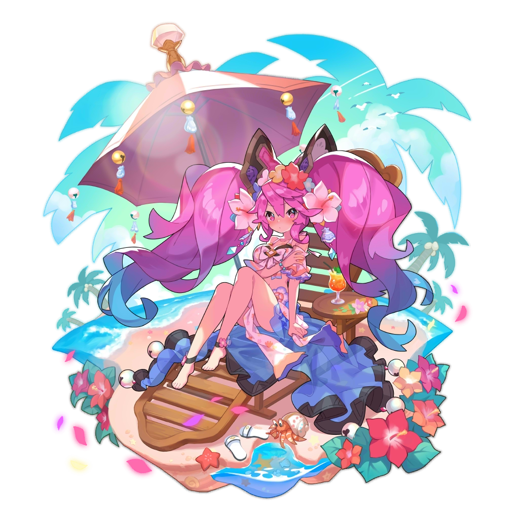 1girl bird blue_hair cleo_(dragalia_lost) coconut coconut_tree dragalia_lost drink flower full_body gradient_hair hair_ornament long_hair looking_at_viewer multicolored_hair non-web_source ocean official_art open_clothes open_skirt palm_tree petals pink_hair pout purple_hair saitou_naoki sandals sandals_removed skirt swimsuit tree twintails violet_eyes