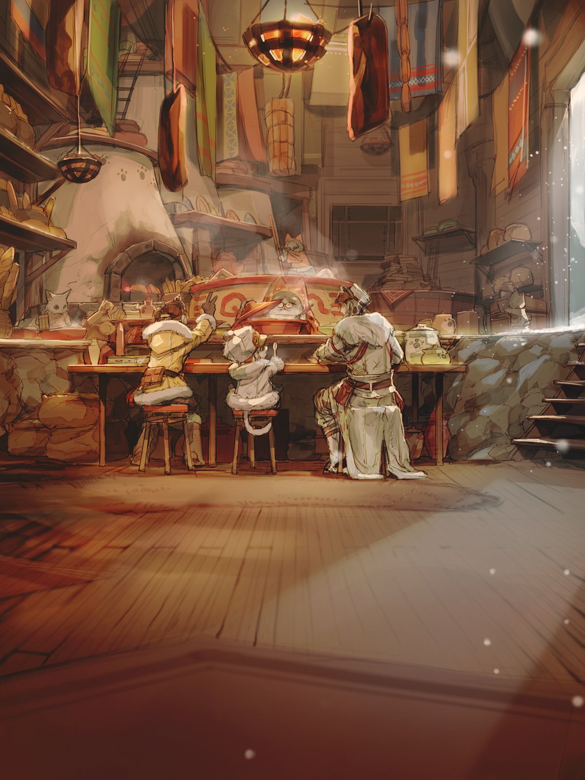 1boy 1girl back bowl cooking direwolf_(armor) felyne fireplace food from_behind fur_trim grammeowster_chef haban_(haban35) handler_(monster_hunter_world) hat highres light_particles monster_hunter monster_hunter:_world open_mouth pot sitting spoon stairs stool table tail